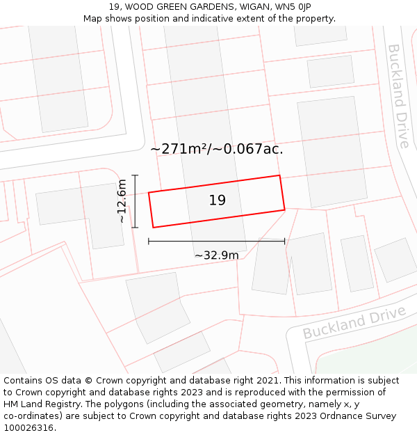 19, WOOD GREEN GARDENS, WIGAN, WN5 0JP: Plot and title map