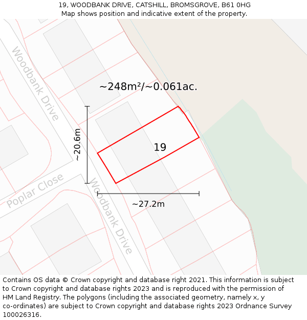 19, WOODBANK DRIVE, CATSHILL, BROMSGROVE, B61 0HG: Plot and title map