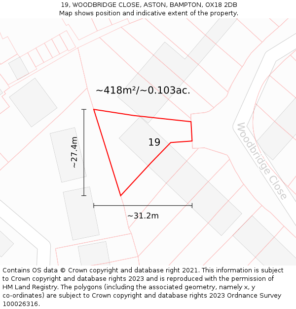 19, WOODBRIDGE CLOSE, ASTON, BAMPTON, OX18 2DB: Plot and title map