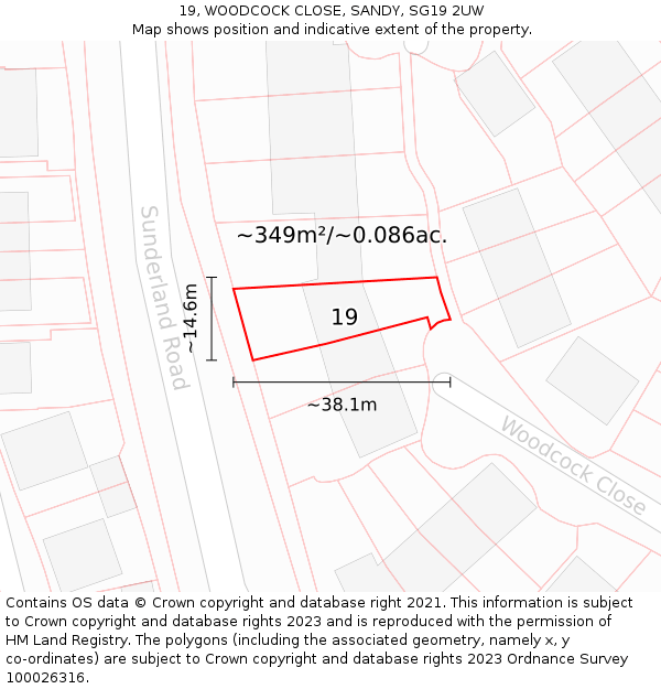 19, WOODCOCK CLOSE, SANDY, SG19 2UW: Plot and title map