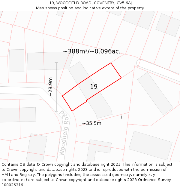 19, WOODFIELD ROAD, COVENTRY, CV5 6AJ: Plot and title map