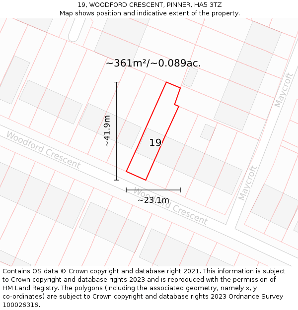 19, WOODFORD CRESCENT, PINNER, HA5 3TZ: Plot and title map