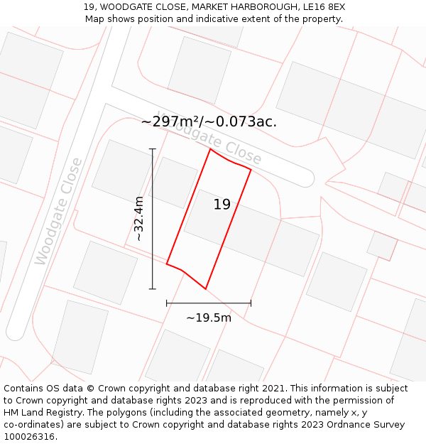 19, WOODGATE CLOSE, MARKET HARBOROUGH, LE16 8EX: Plot and title map