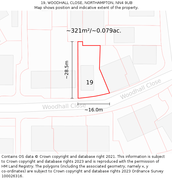 19, WOODHALL CLOSE, NORTHAMPTON, NN4 9UB: Plot and title map