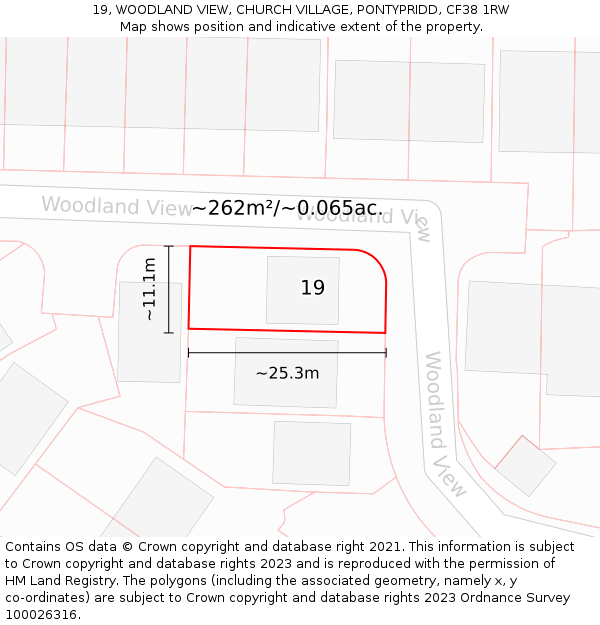 19, WOODLAND VIEW, CHURCH VILLAGE, PONTYPRIDD, CF38 1RW: Plot and title map