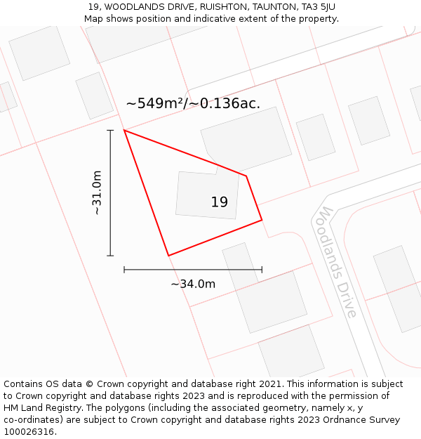 19, WOODLANDS DRIVE, RUISHTON, TAUNTON, TA3 5JU: Plot and title map