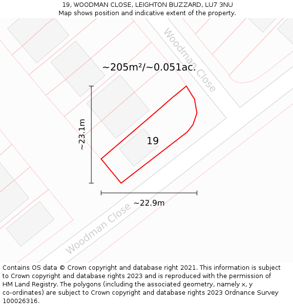 19, WOODMAN CLOSE, LEIGHTON BUZZARD, LU7 3NU: Plot and title map