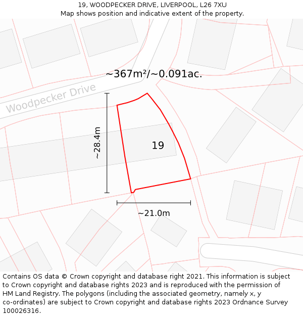 19, WOODPECKER DRIVE, LIVERPOOL, L26 7XU: Plot and title map