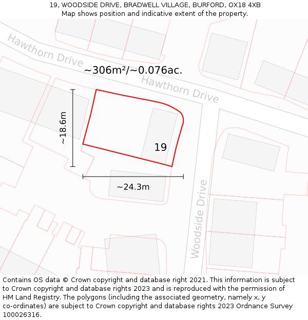 19, WOODSIDE DRIVE, BRADWELL VILLAGE, BURFORD, OX18 4XB: Plot and title map