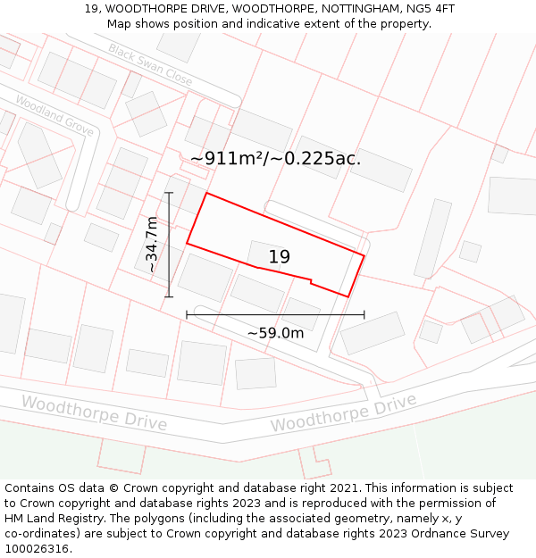 19, WOODTHORPE DRIVE, WOODTHORPE, NOTTINGHAM, NG5 4FT: Plot and title map