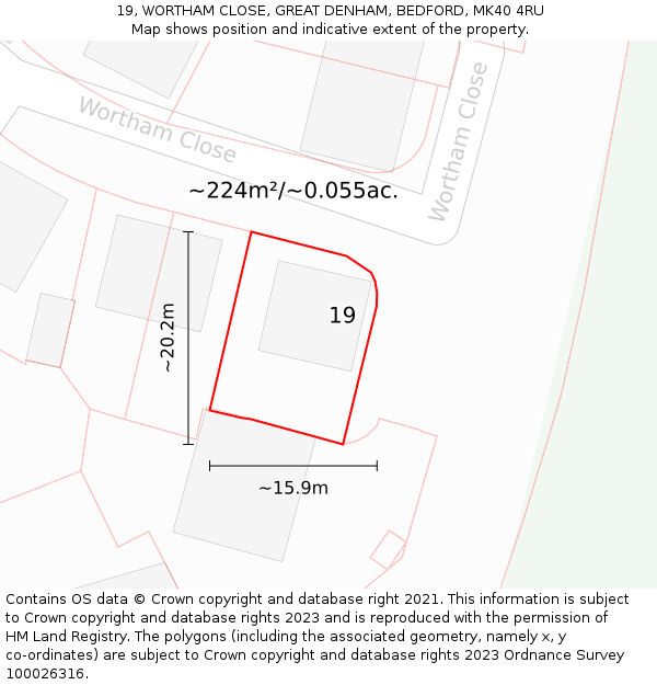 19, WORTHAM CLOSE, GREAT DENHAM, BEDFORD, MK40 4RU: Plot and title map