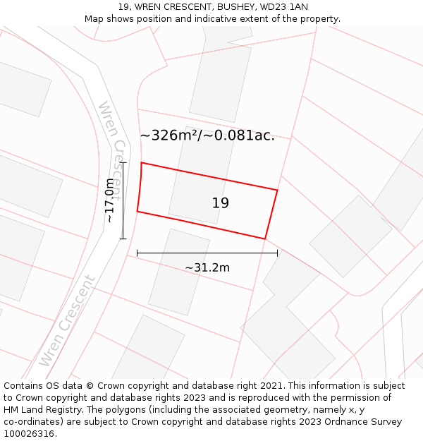 19, WREN CRESCENT, BUSHEY, WD23 1AN: Plot and title map