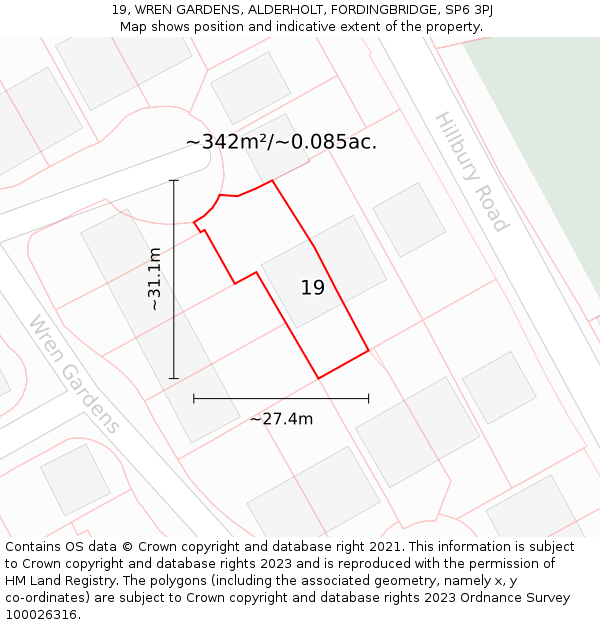 19, WREN GARDENS, ALDERHOLT, FORDINGBRIDGE, SP6 3PJ: Plot and title map