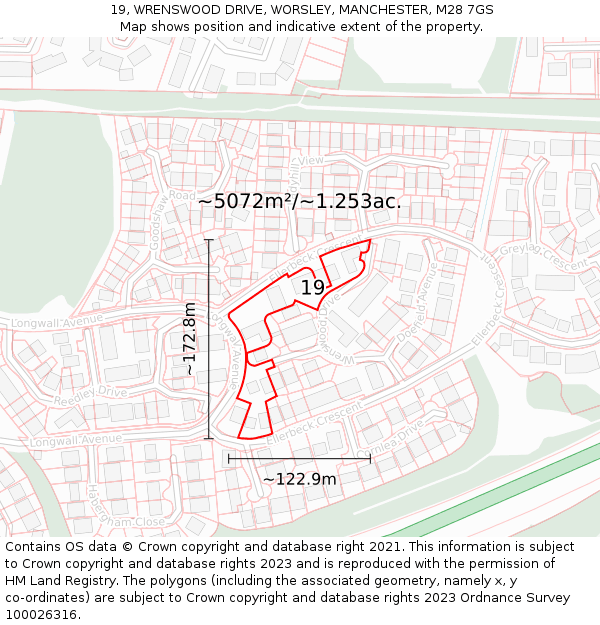 19, WRENSWOOD DRIVE, WORSLEY, MANCHESTER, M28 7GS: Plot and title map