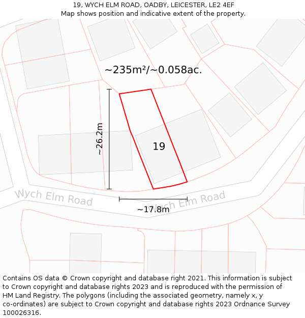 19, WYCH ELM ROAD, OADBY, LEICESTER, LE2 4EF: Plot and title map