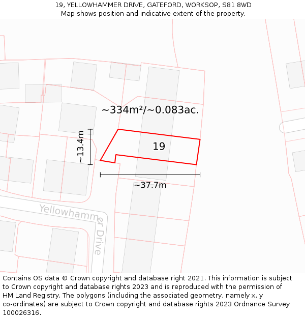 19, YELLOWHAMMER DRIVE, GATEFORD, WORKSOP, S81 8WD: Plot and title map