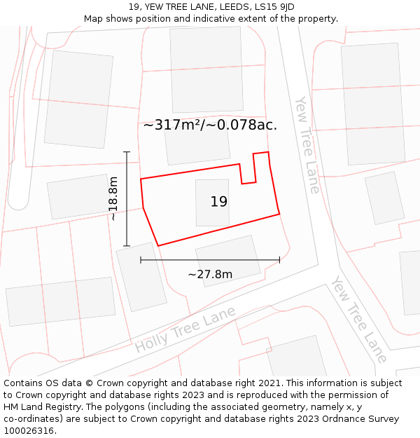 19, YEW TREE LANE, LEEDS, LS15 9JD: Plot and title map