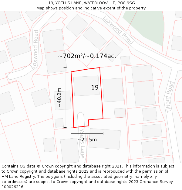 19, YOELLS LANE, WATERLOOVILLE, PO8 9SG: Plot and title map