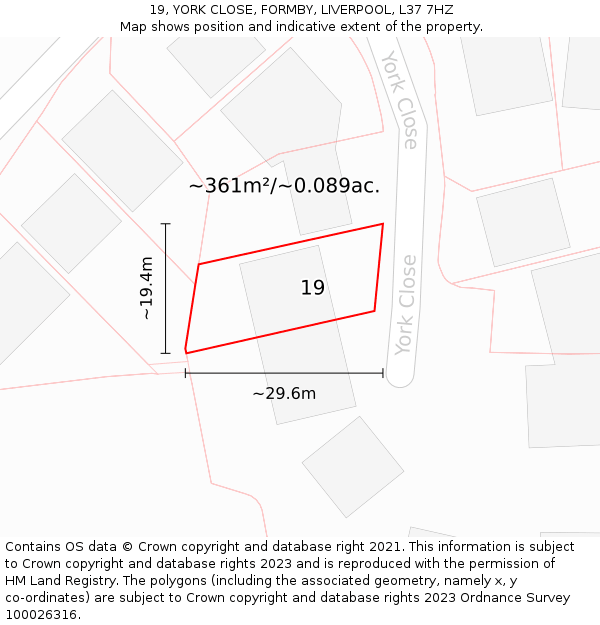 19, YORK CLOSE, FORMBY, LIVERPOOL, L37 7HZ: Plot and title map