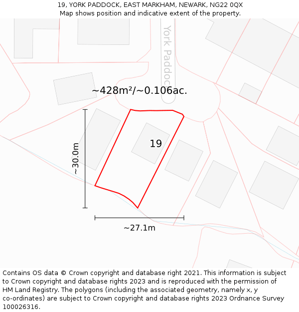 19, YORK PADDOCK, EAST MARKHAM, NEWARK, NG22 0QX: Plot and title map