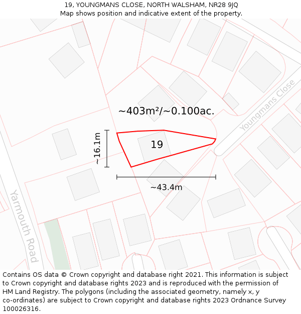 19, YOUNGMANS CLOSE, NORTH WALSHAM, NR28 9JQ: Plot and title map