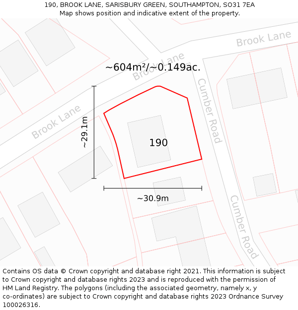 190, BROOK LANE, SARISBURY GREEN, SOUTHAMPTON, SO31 7EA: Plot and title map