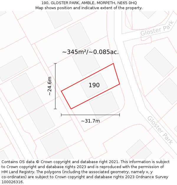 190, GLOSTER PARK, AMBLE, MORPETH, NE65 0HQ: Plot and title map