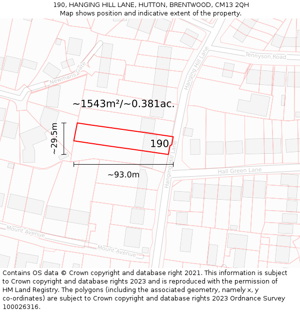 190, HANGING HILL LANE, HUTTON, BRENTWOOD, CM13 2QH: Plot and title map