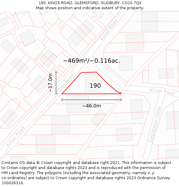 190, KINGS ROAD, GLEMSFORD, SUDBURY, CO10 7QX: Plot and title map