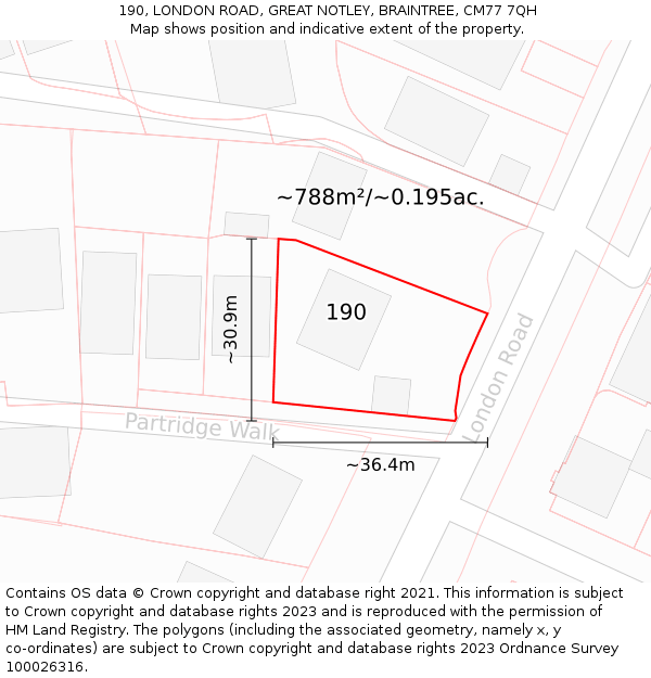 190, LONDON ROAD, GREAT NOTLEY, BRAINTREE, CM77 7QH: Plot and title map