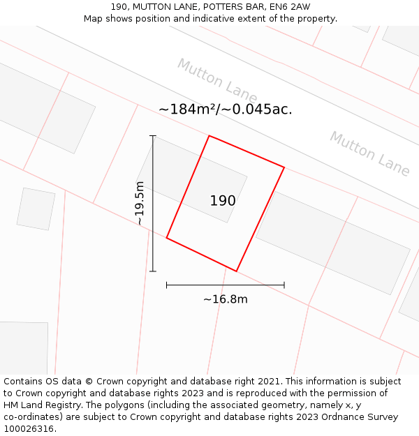 190, MUTTON LANE, POTTERS BAR, EN6 2AW: Plot and title map