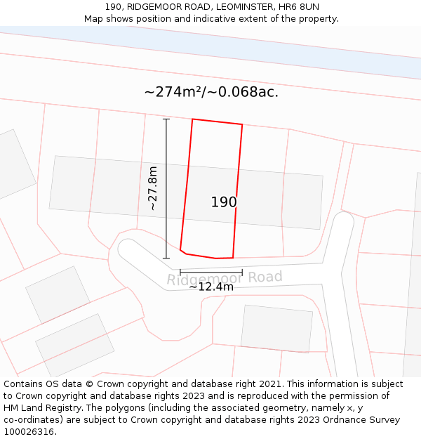 190, RIDGEMOOR ROAD, LEOMINSTER, HR6 8UN: Plot and title map