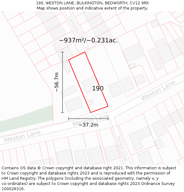 190, WESTON LANE, BULKINGTON, BEDWORTH, CV12 9RX: Plot and title map