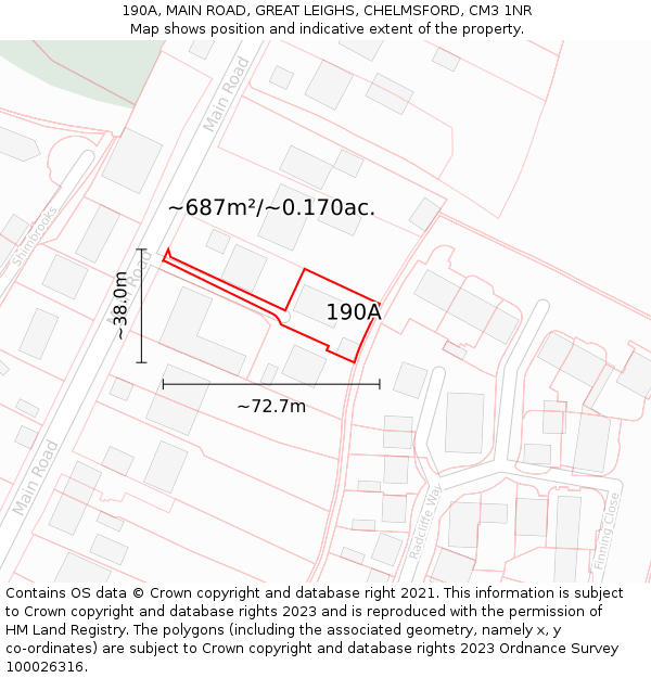 190A, MAIN ROAD, GREAT LEIGHS, CHELMSFORD, CM3 1NR: Plot and title map