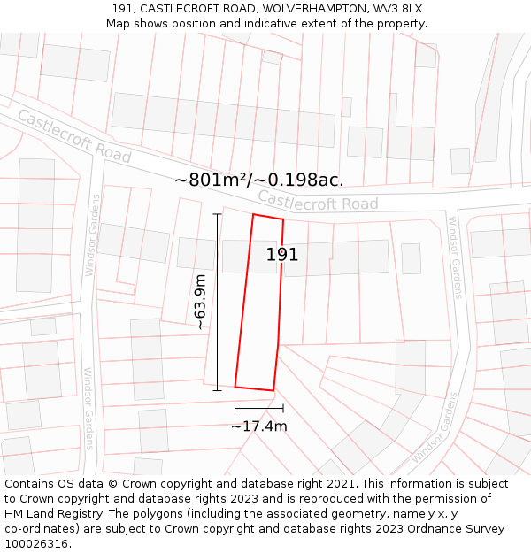 191, CASTLECROFT ROAD, WOLVERHAMPTON, WV3 8LX: Plot and title map