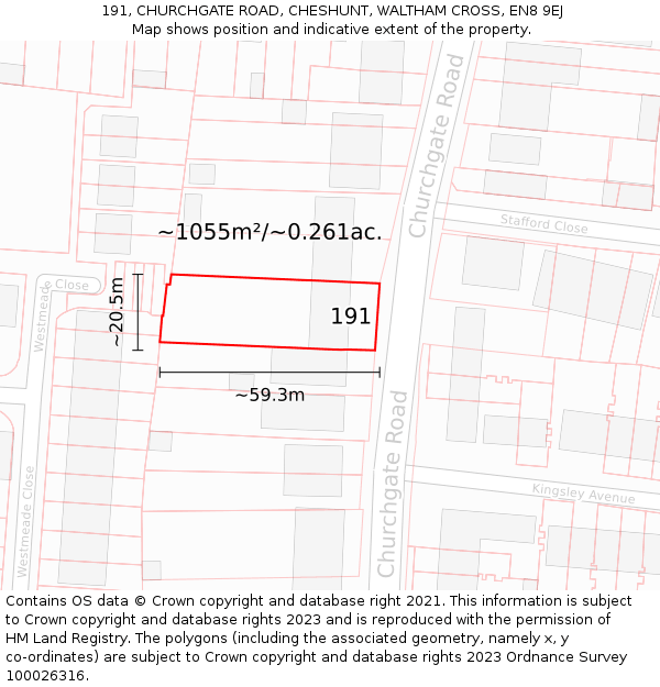 191, CHURCHGATE ROAD, CHESHUNT, WALTHAM CROSS, EN8 9EJ: Plot and title map