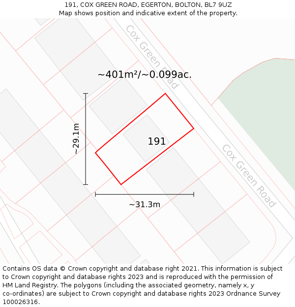 191, COX GREEN ROAD, EGERTON, BOLTON, BL7 9UZ: Plot and title map