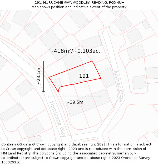 191, HURRICANE WAY, WOODLEY, READING, RG5 4UH: Plot and title map