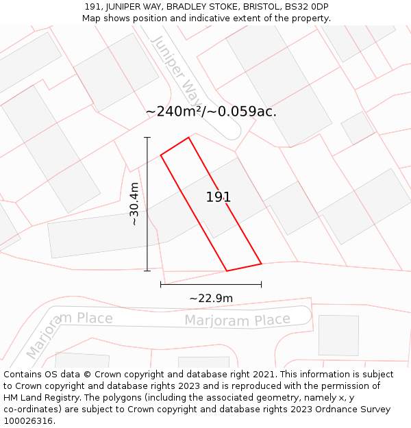 191, JUNIPER WAY, BRADLEY STOKE, BRISTOL, BS32 0DP: Plot and title map