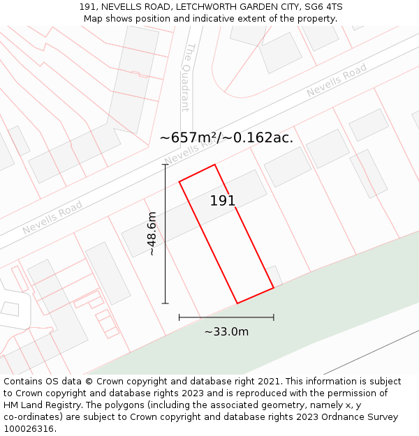 191, NEVELLS ROAD, LETCHWORTH GARDEN CITY, SG6 4TS: Plot and title map