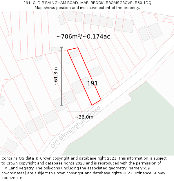 191, OLD BIRMINGHAM ROAD, MARLBROOK, BROMSGROVE, B60 1DQ: Plot and title map