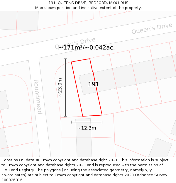 191, QUEENS DRIVE, BEDFORD, MK41 9HS: Plot and title map