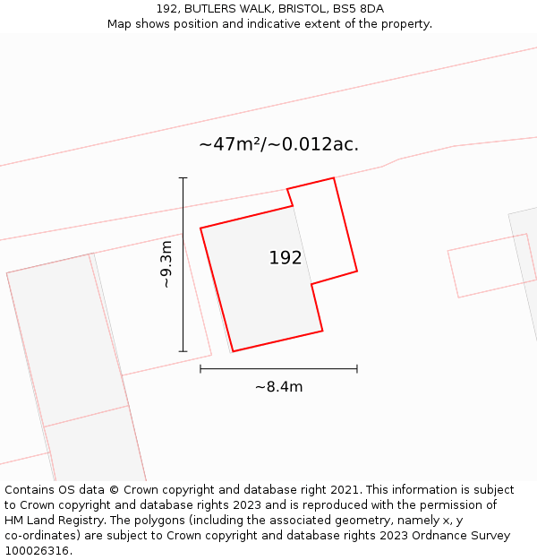 192, BUTLERS WALK, BRISTOL, BS5 8DA: Plot and title map