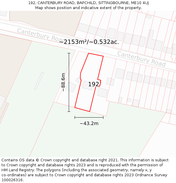 192, CANTERBURY ROAD, BAPCHILD, SITTINGBOURNE, ME10 4UJ: Plot and title map