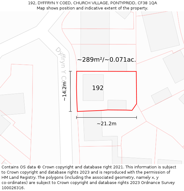 192, DYFFRYN Y COED, CHURCH VILLAGE, PONTYPRIDD, CF38 1QA: Plot and title map