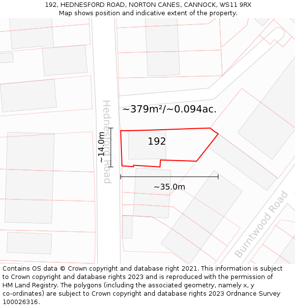 192, HEDNESFORD ROAD, NORTON CANES, CANNOCK, WS11 9RX: Plot and title map