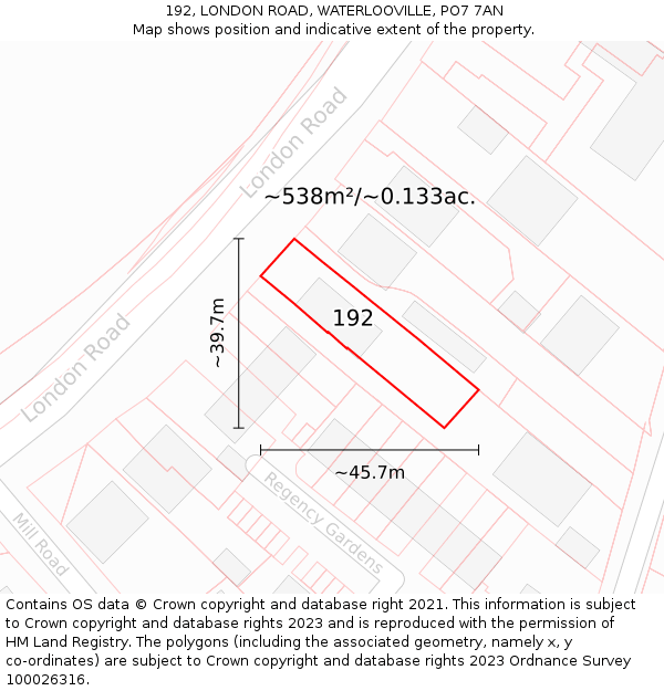 192, LONDON ROAD, WATERLOOVILLE, PO7 7AN: Plot and title map