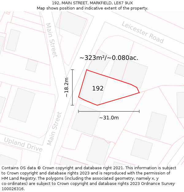 192, MAIN STREET, MARKFIELD, LE67 9UX: Plot and title map