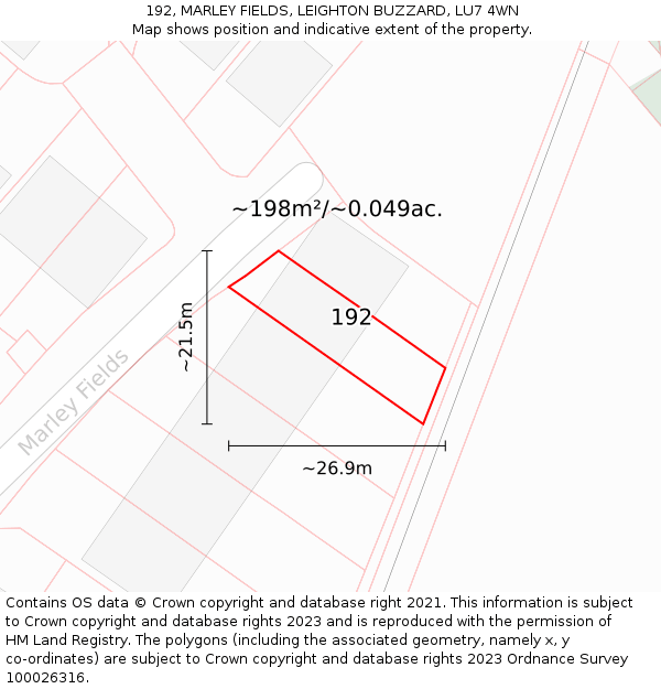 192, MARLEY FIELDS, LEIGHTON BUZZARD, LU7 4WN: Plot and title map