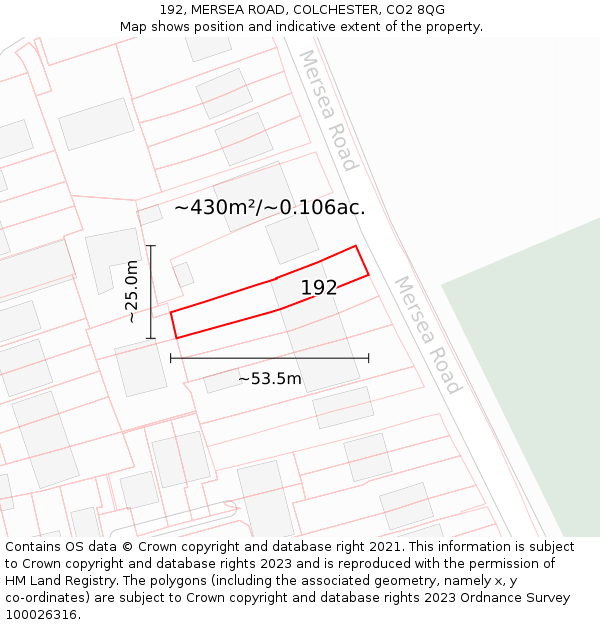 192, MERSEA ROAD, COLCHESTER, CO2 8QG: Plot and title map